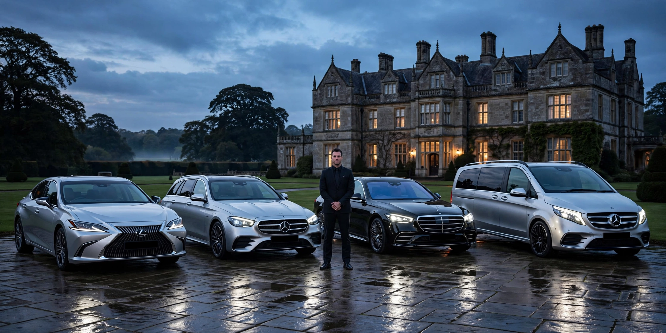 A chauffeur with a Lexus saloon, Mercedes saloons and a Mercedes V-Class outside a country house at dusk