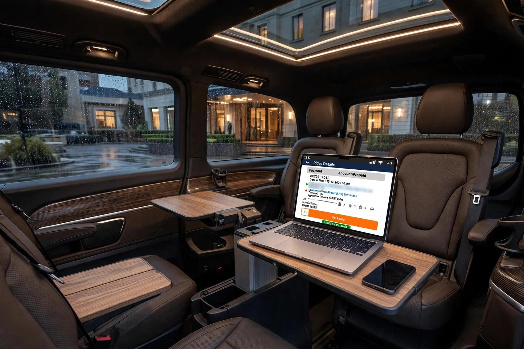 Inside a Mercedes V-Class outside a hotel on a rainy evening, with a booking open on a laptop on the fold-out table